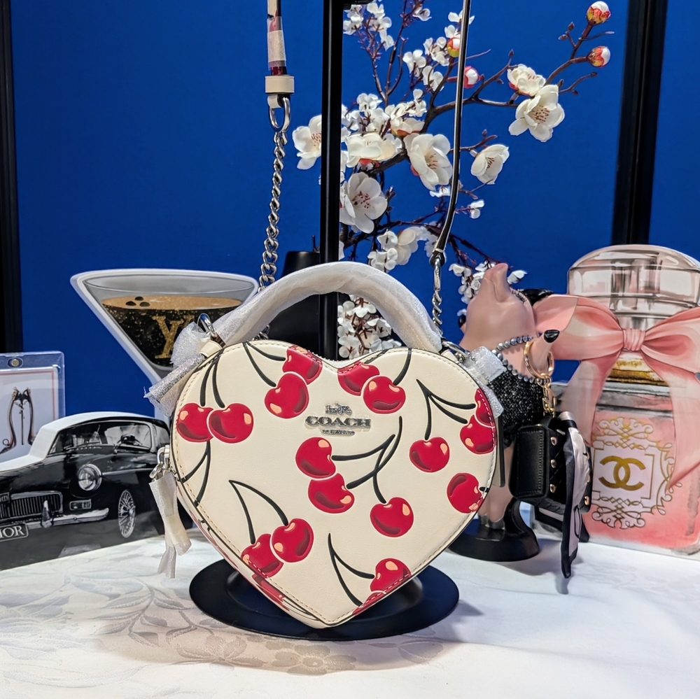 Coach White Heart Leather and Red Cherry Print Crossbody Bag